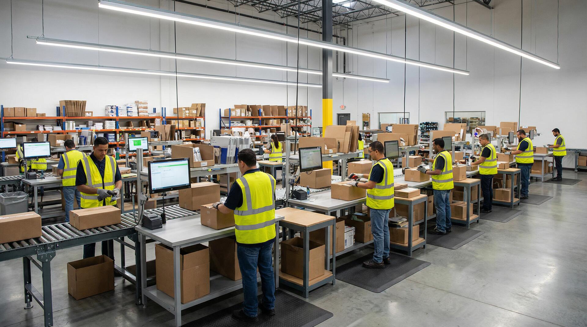 Workers packing orders in a modern third-party logistics fulfillment center