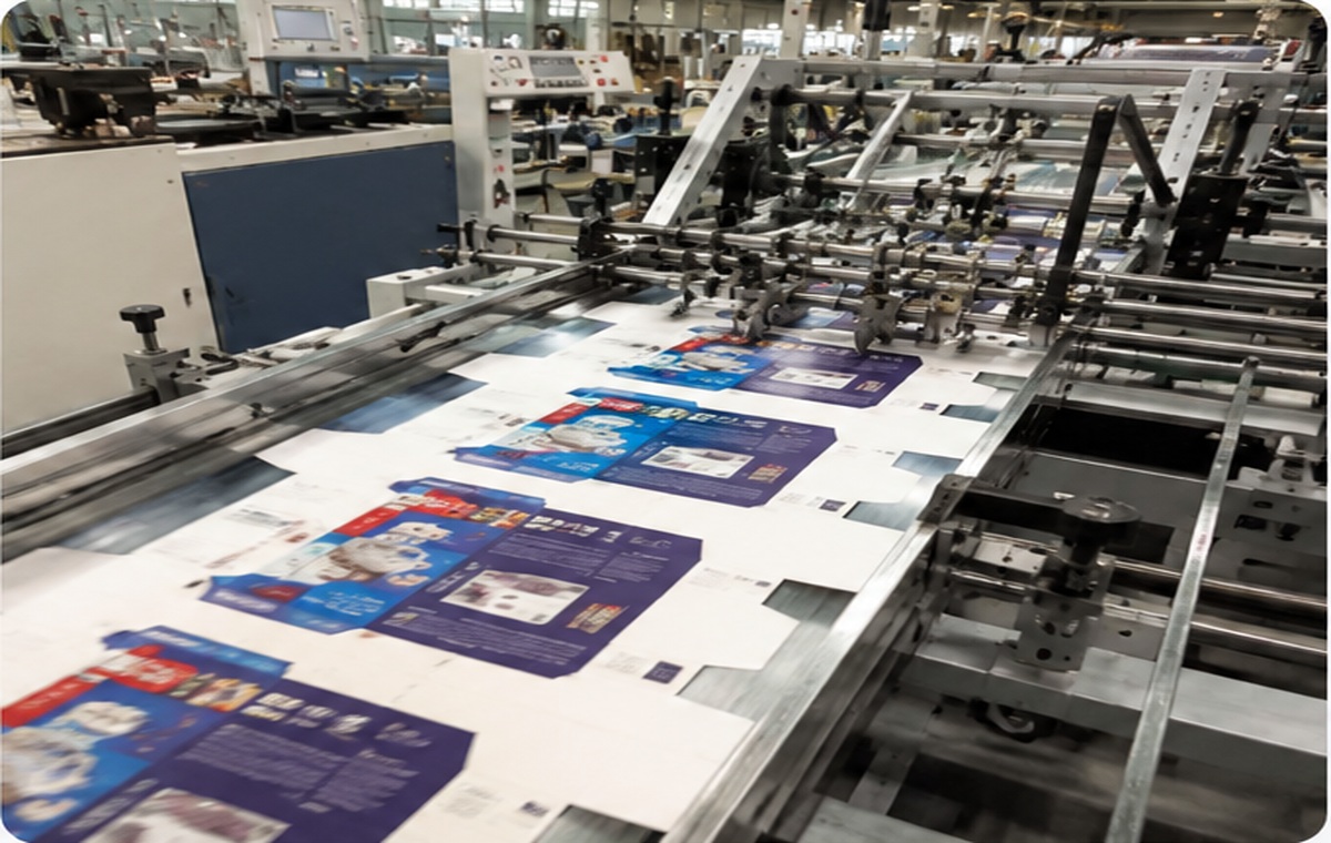 Printed SBS folding carton blanks running through production equipment